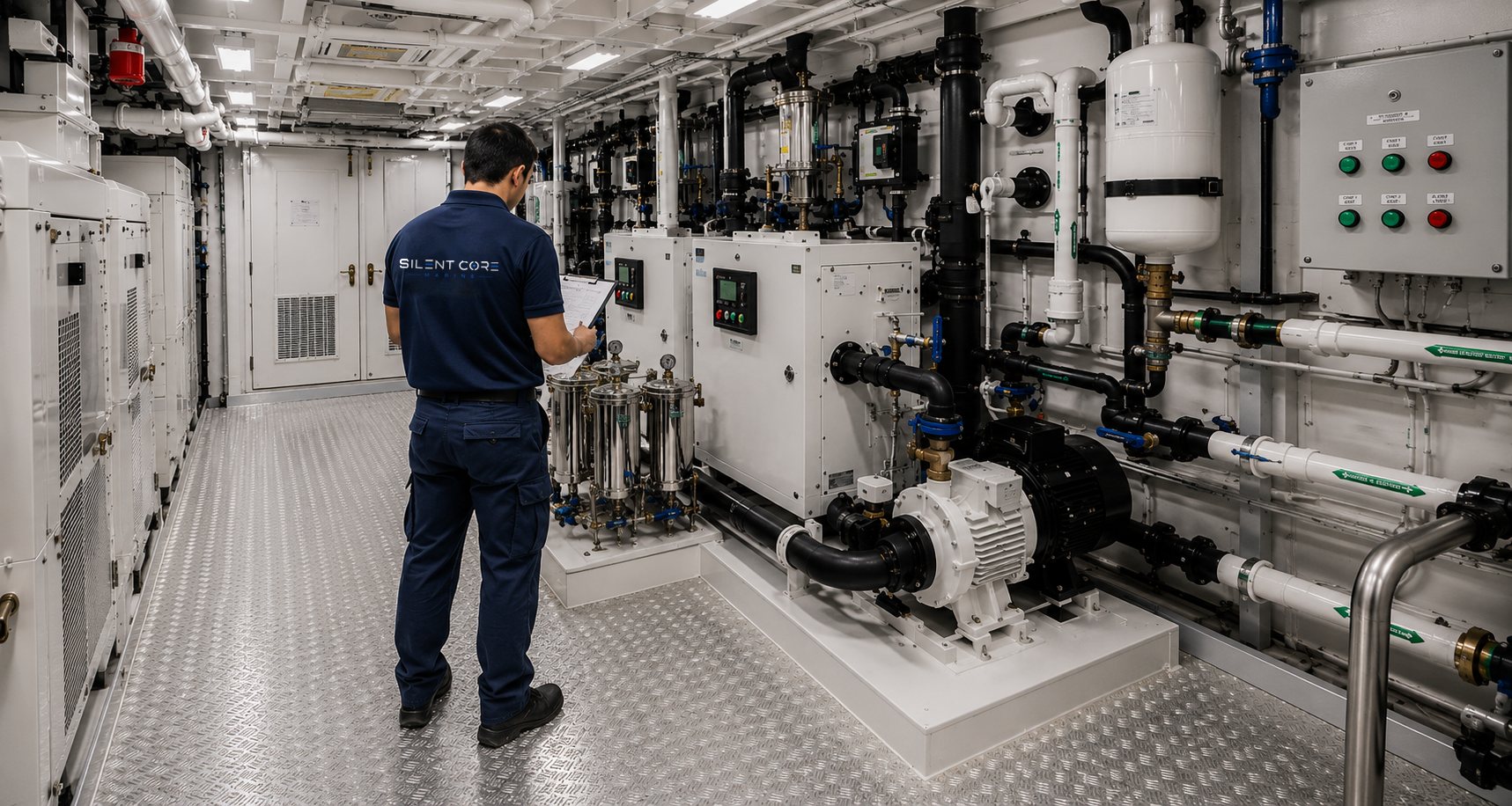 Marine technician documenting equipment during a vessel systems inspection